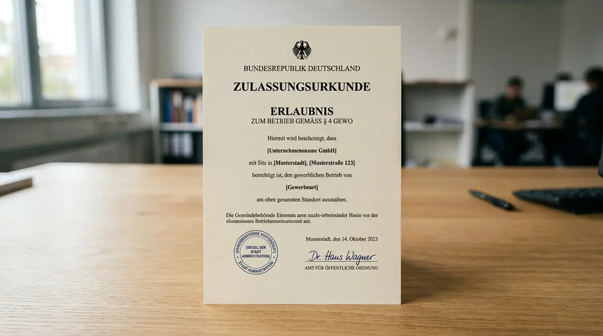 Offizielle Lizenzurkunde der Gemeinsamen Glücksspielbehörde der Länder auf einem Schreibtisch