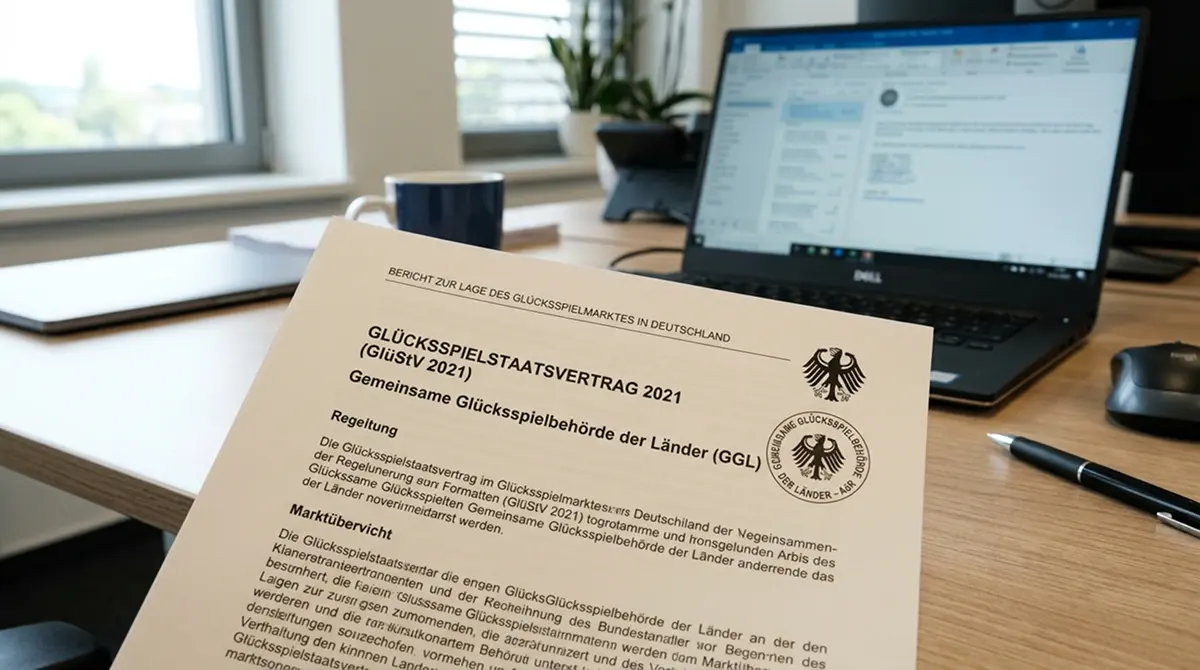 Amtliches deutsches Dokument zur Glücksspielregulierung mit sichtbarem Stempel auf einem Schreibtisch