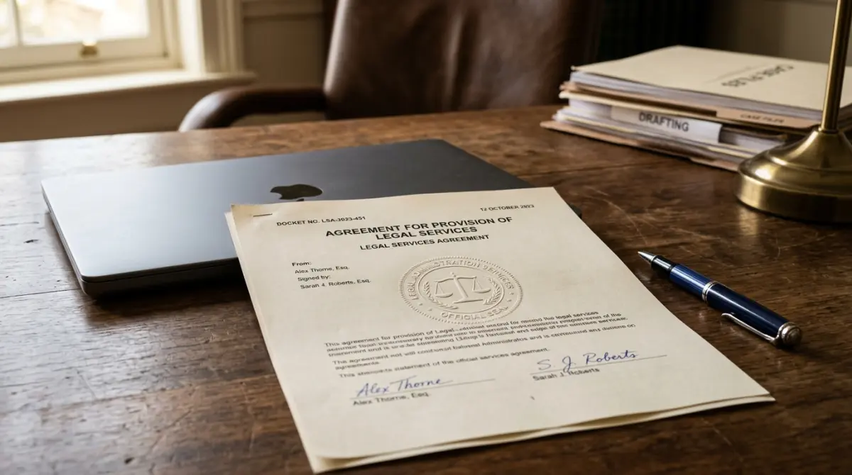 Amtliches Lizenzdokument mit neutralem Stempel auf einem Schreibtisch