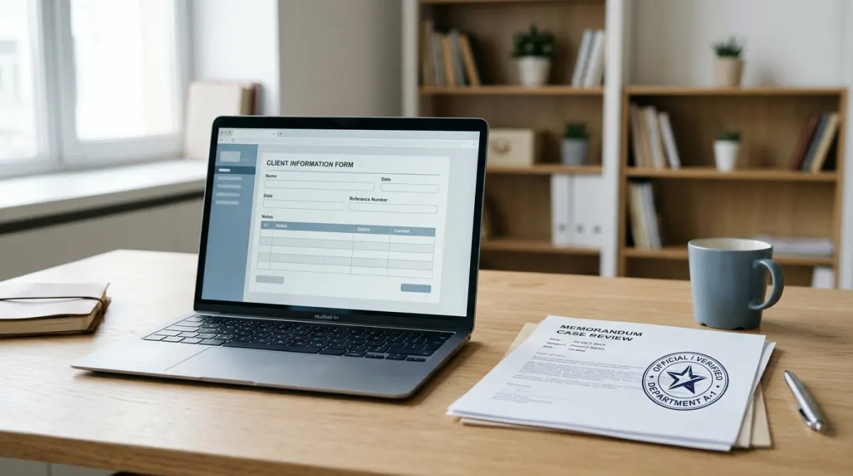 Tisch mit Laptop und neutralem Dokument mit offiziell wirkendem Stempel