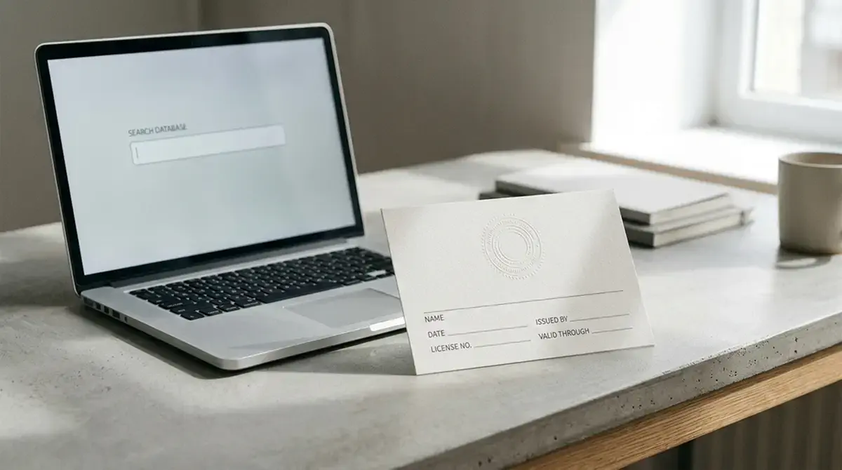 Neutrale Lizenzurkunde mit Stempel neben einem Laptop als Sinnbild für die GGL-Whitelist-Prüfung