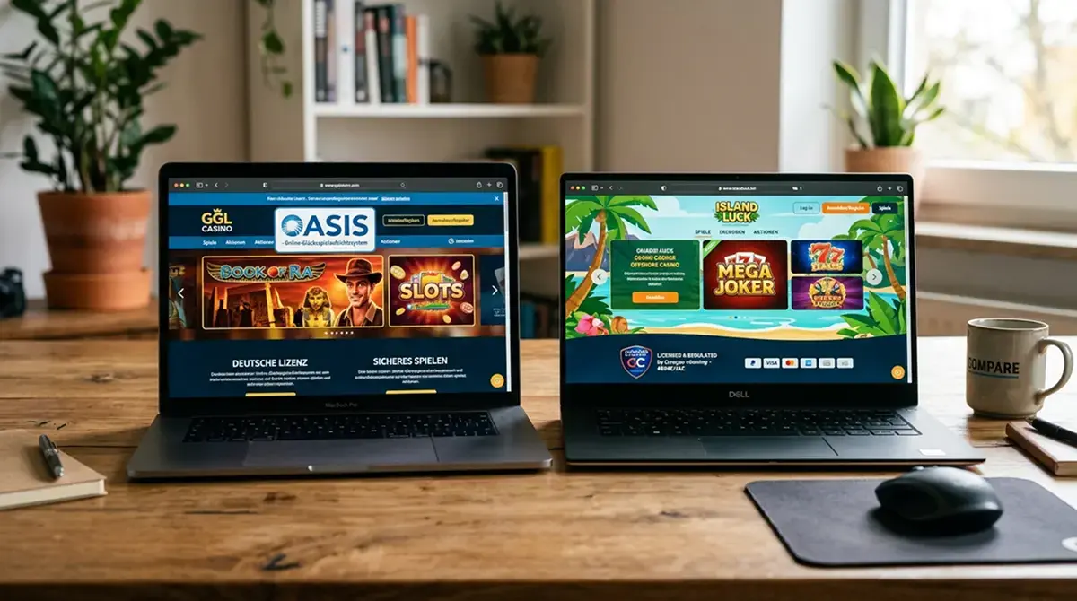 Zwei Laptops nebeneinander: links GGL-Casino mit OASIS-Logo, rechts Offshore-Casino mit Curaçao-Lizenz