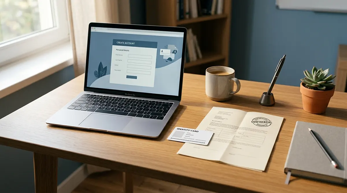 Aufgeraeumter Schreibtisch mit Laptop, Ausweisdokument und Registrierungsformular