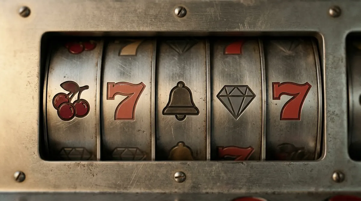 Detailaufnahme klassischer und moderner Slot-Symbole auf einem stilisierten Walzenband ohne erkennbare Markenzeichen