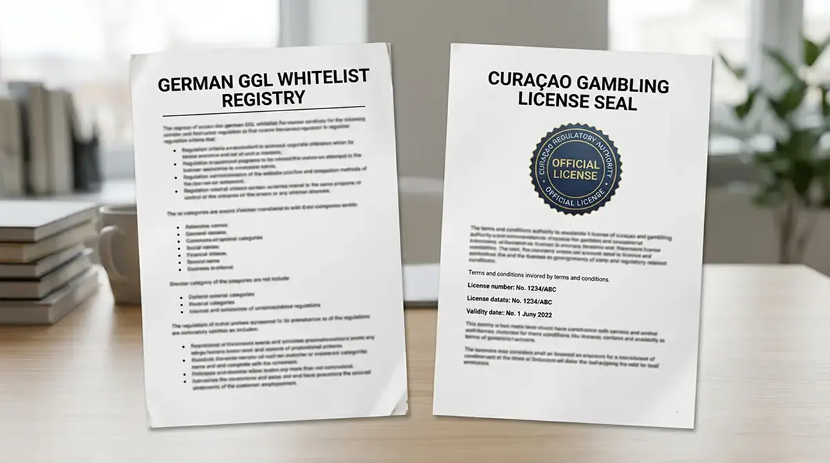 Gegenüberstellung eines GGL-Whitelist-Dokuments und eines Curaçao-Lizenzsiegels