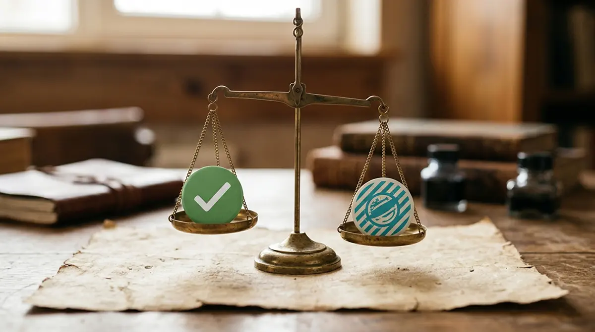 Waage mit zwei Symbol-Markierungen für GGL-Schild und Curaçao-Stempel als stille Gegenüberstellung