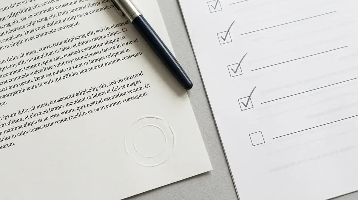 Amtliches Dokument mit Stempel neben einer Liste zugelassener Zahlungswege auf einem Schreibtisch