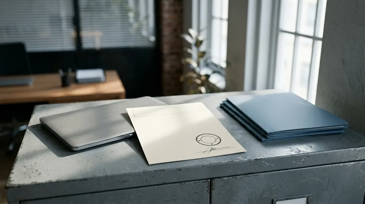 Amtliches Dokument mit Erlaubnisvermerk neben einem Laptop auf einem Aktenschrank