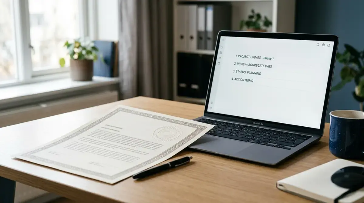 Amtliches Lizenzdokument neben Laptop mit neutraler Anbieterliste