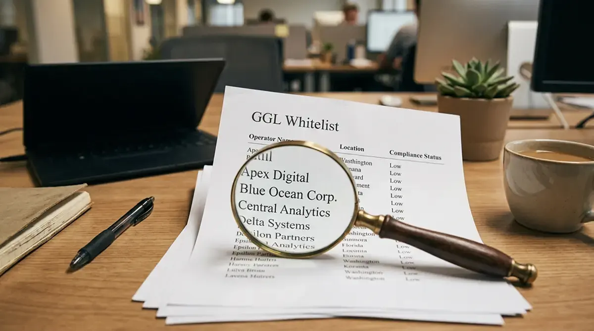 Schreibtisch mit ausgedruckter GGL-Whitelist und Lupe über Anbieternamen