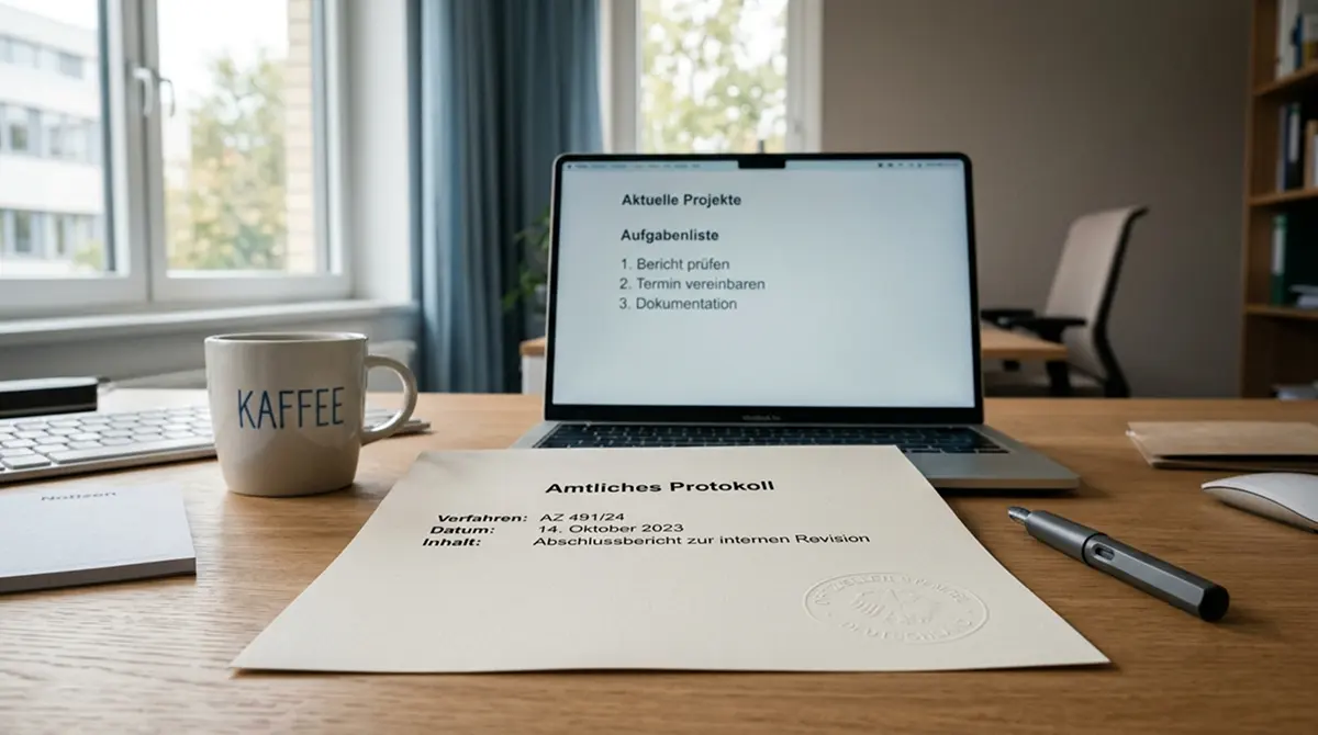 Offizielles Dokument auf einem Schreibtisch mit einem Laptop im Hintergrund, sachliches deutsches Büroambiente