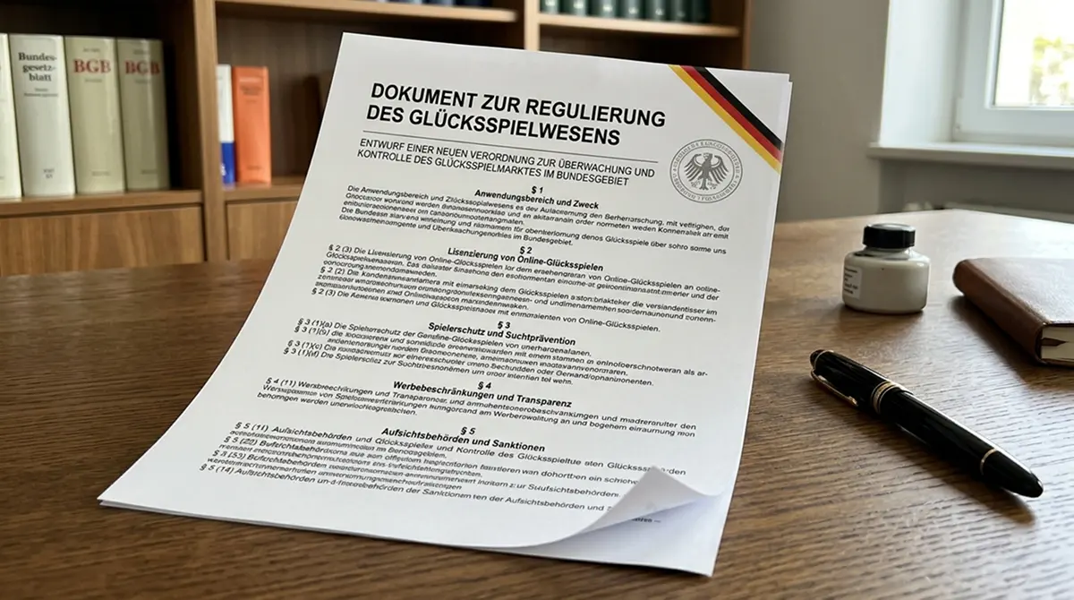 Gesetzesdokument mit Paragrafenzeichen und deutscher Flagge