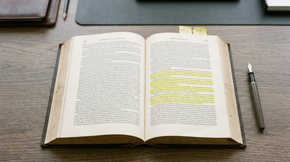 Aufgeschlagenes Gesetzbuch mit markierten Absätzen auf einem Schreibtisch