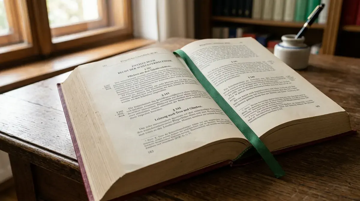 Aufgeschlagenes deutsches Gesetzbuch mit einem plainen Lesezeichen an einer markierten Passage