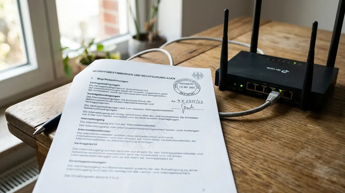 Amtliches deutsches Dokument mit Stempel neben einem schlichten Router-Symbol auf ruhigem Schreibtisch