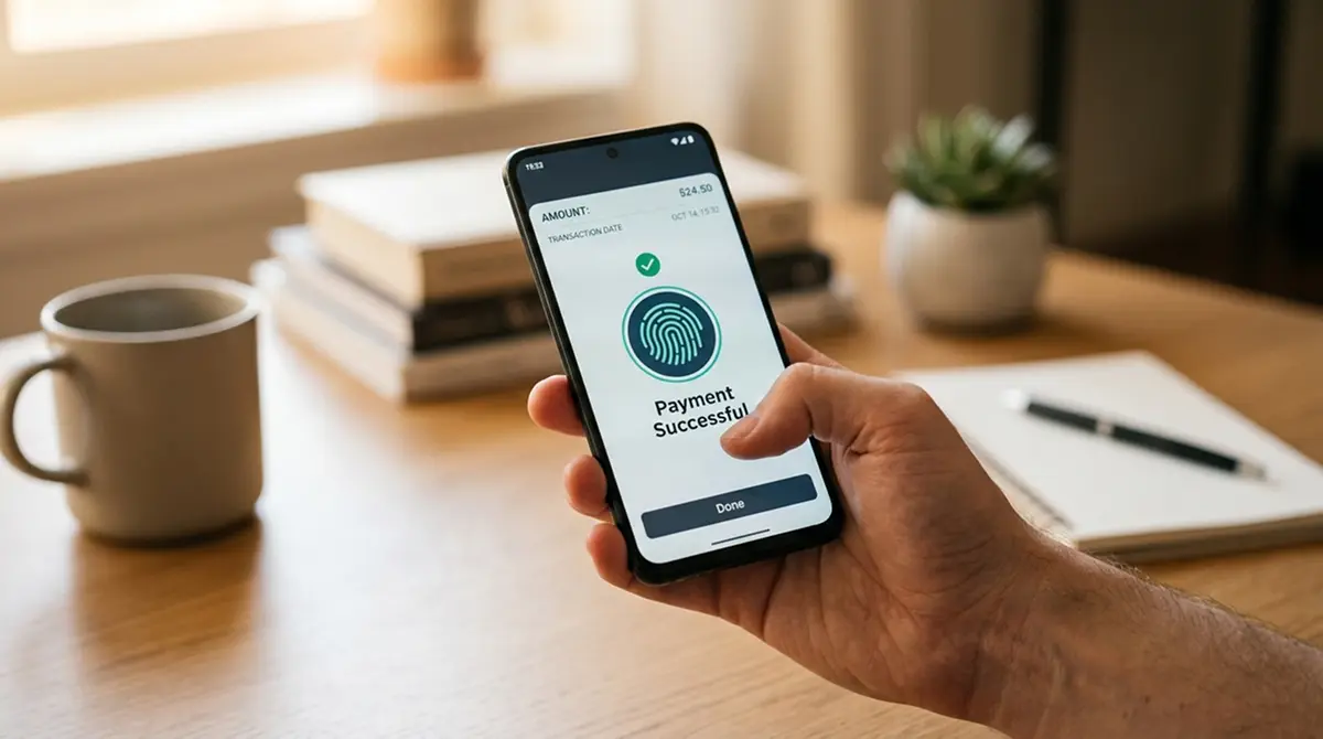 Hand hält ein Android-Smartphone mit geöffneter Bezahl-App zur Bestätigung per Fingerabdruck