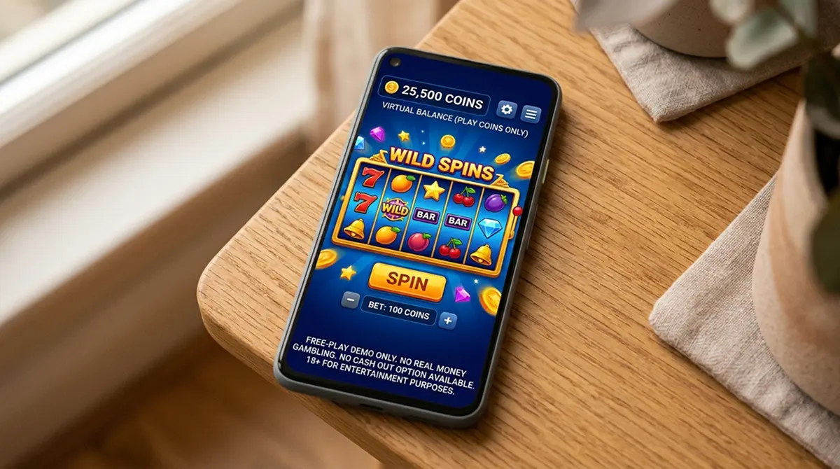 Smartphone mit Gratis-Spiel-App zeigt Spielgeld-Guthaben ohne Auszahlungsoption