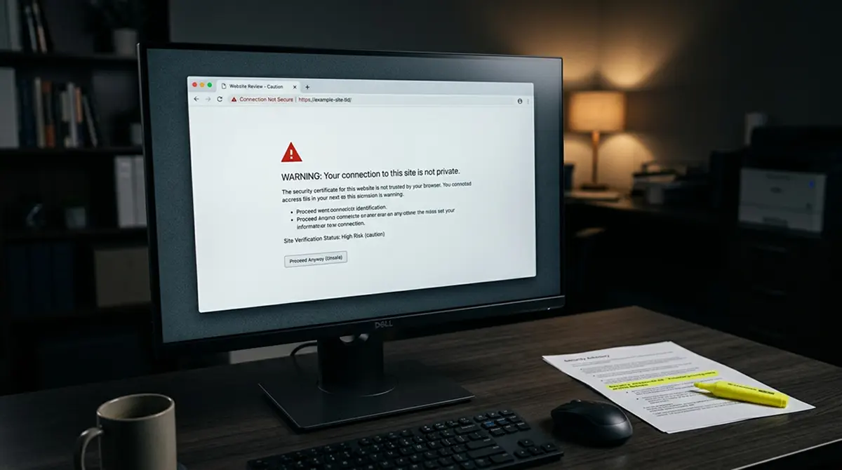 Rot markierter Warnhinweis am Bildschirm mit einer Domain-Prüfung außerhalb der deutschen Whitelist