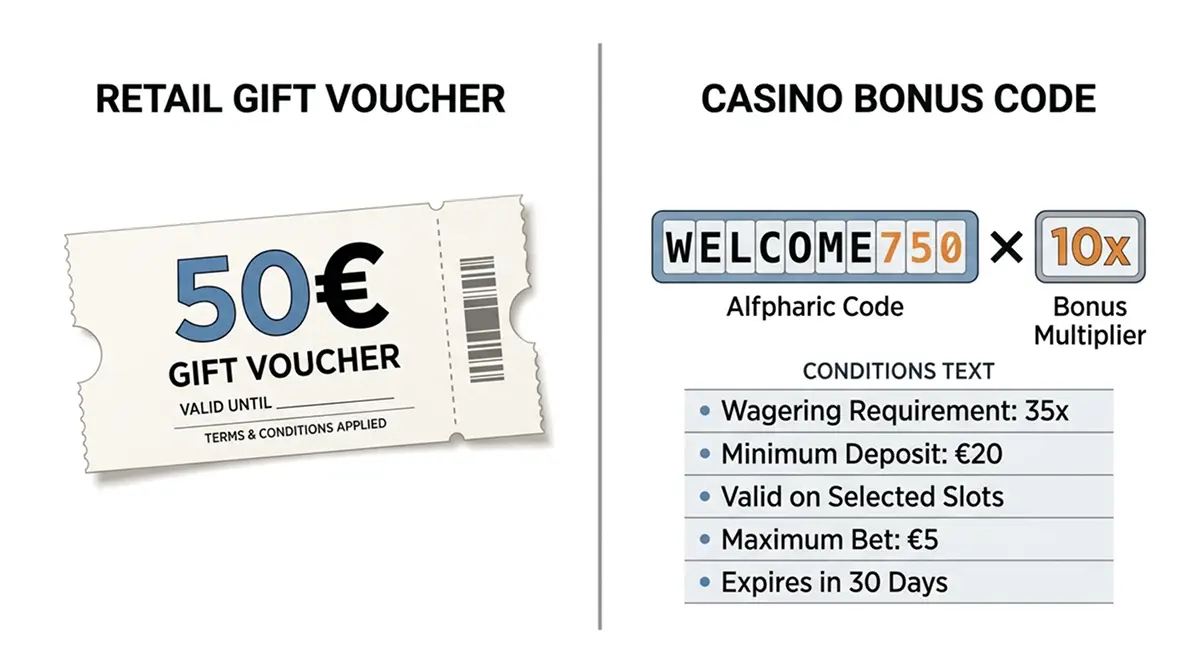 Zwei Konzepte nebeneinander: Einzelhandels-Wertgutschein links, Casino-Bonuscode-Mechanik rechts