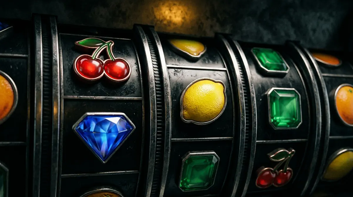 Abstrakte Walzensymbole eines hochvolatilen Spielautomaten ohne Markenbezug