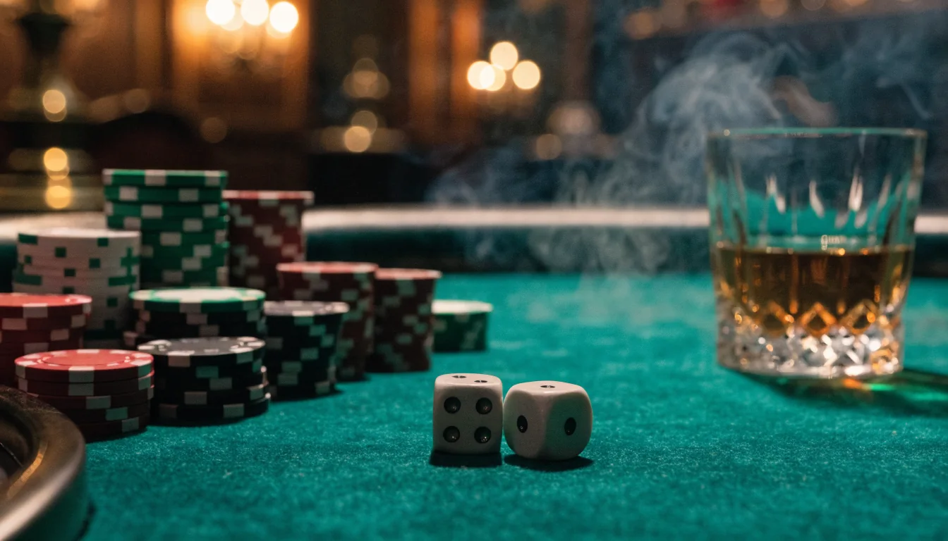 Filmreifes Foto eines Craps-Tisches mit Würfeln und gestapelten Casino-Chips in gedämpfter Atmosphäre.