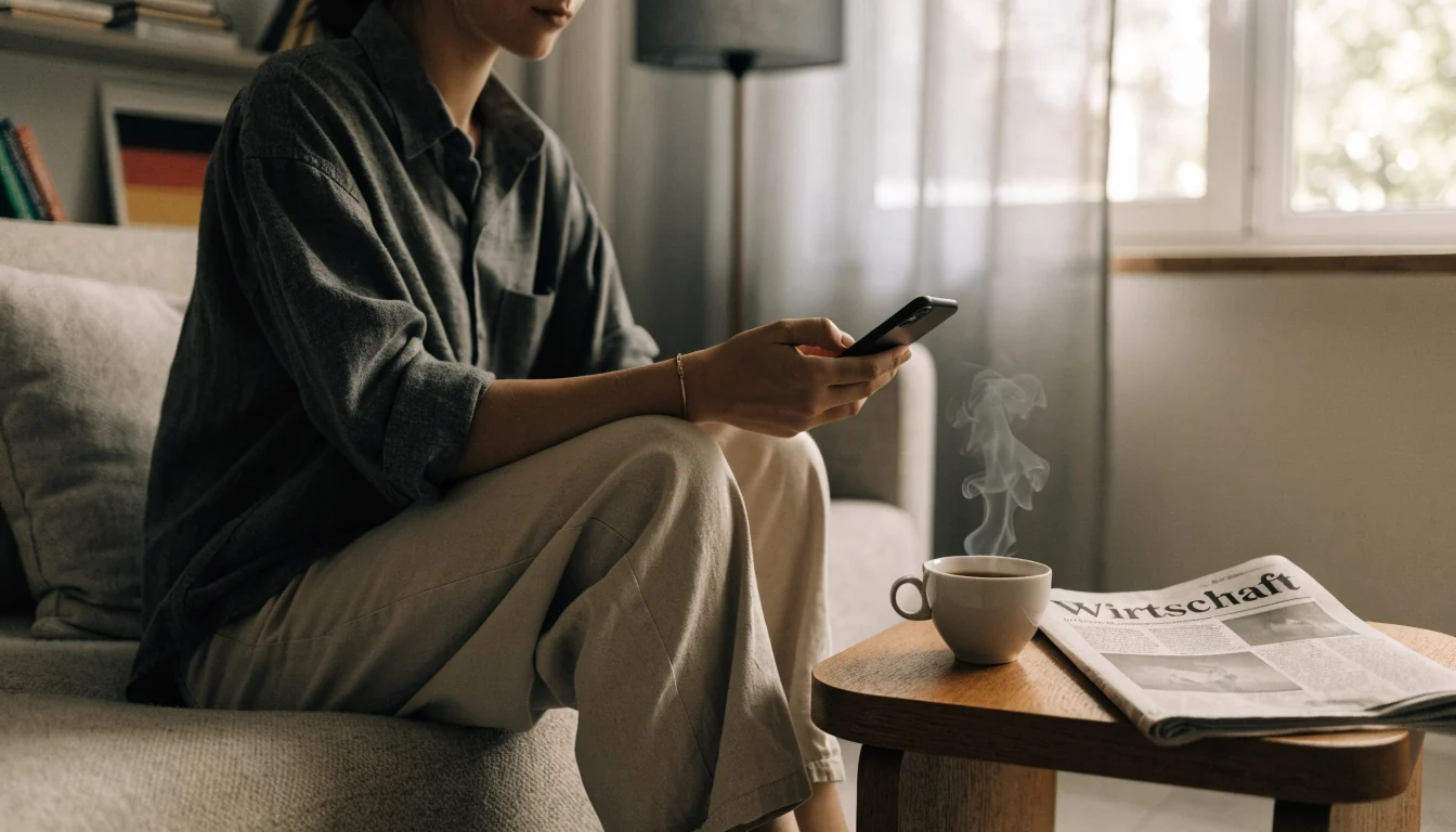 Person mit Smartphone auf der Couch, daneben deutsche Tageszeitung und Kaffee.