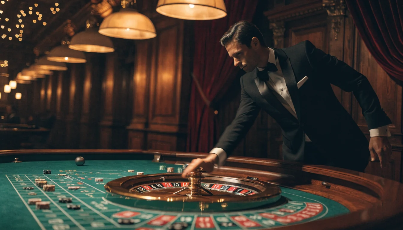 Eleganter Live-Dealer am Roulette-Tisch in einem stilvollen Casino-Studio in Deutschland.