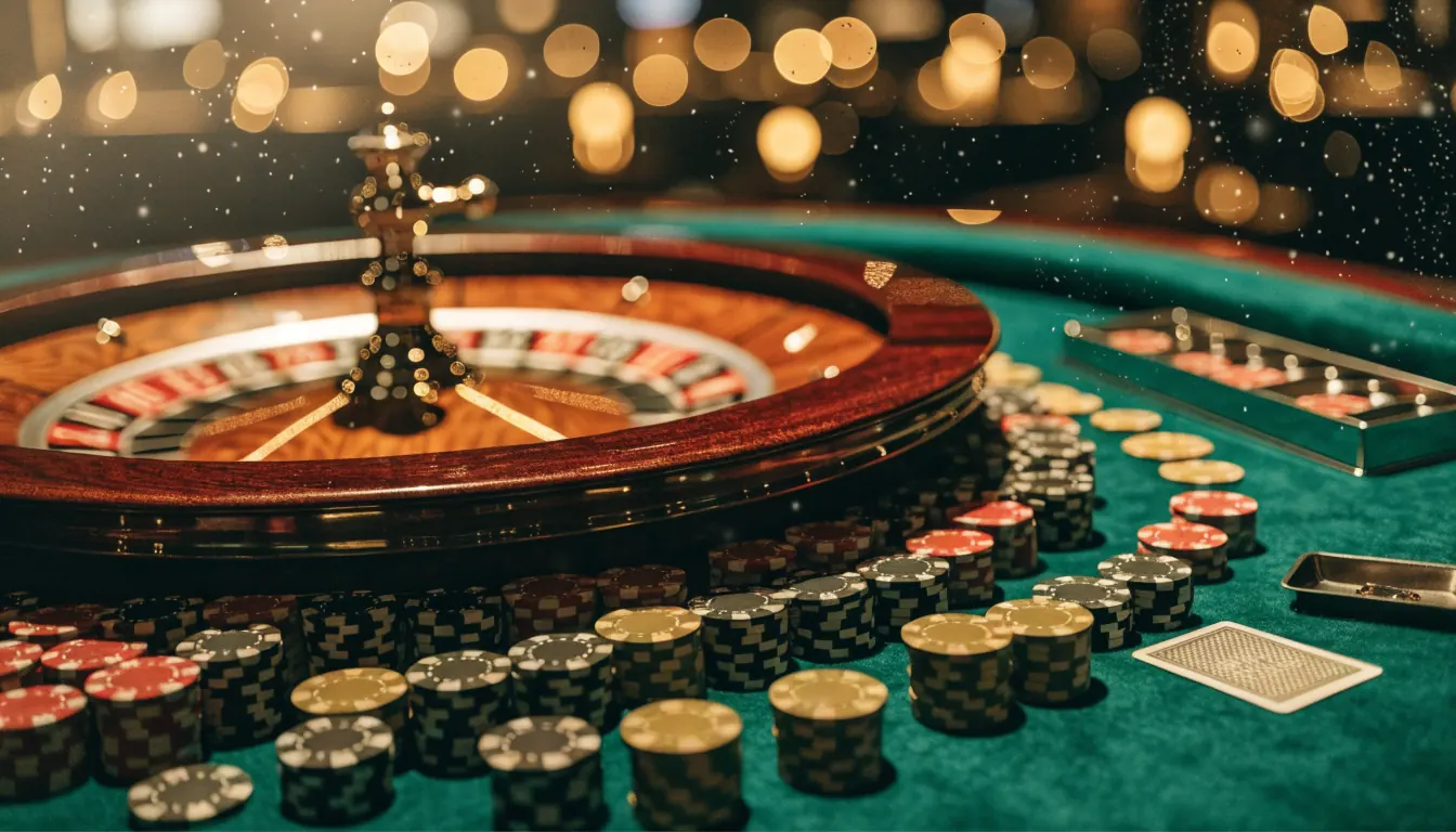 Elegante Casino-Szene mit Roulette, Spielchips und Karten auf grünem Filztisch