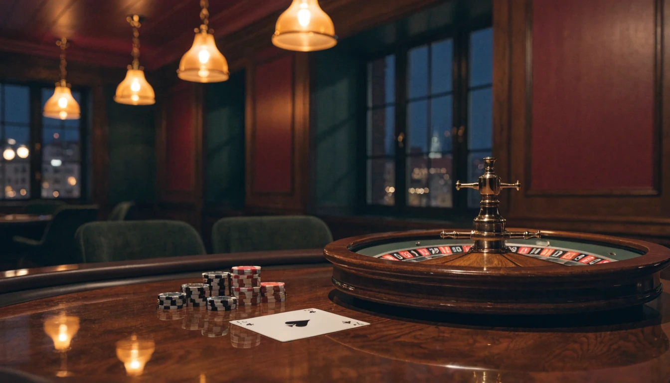 Roulette-Tisch mit Chips und Spielkarte in einem deutschen Casino-Lounge bei Nacht