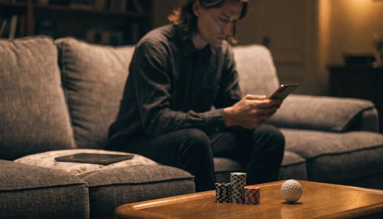 Person auf dem Sofa mit Smartphone und Spielchips auf dem Tisch