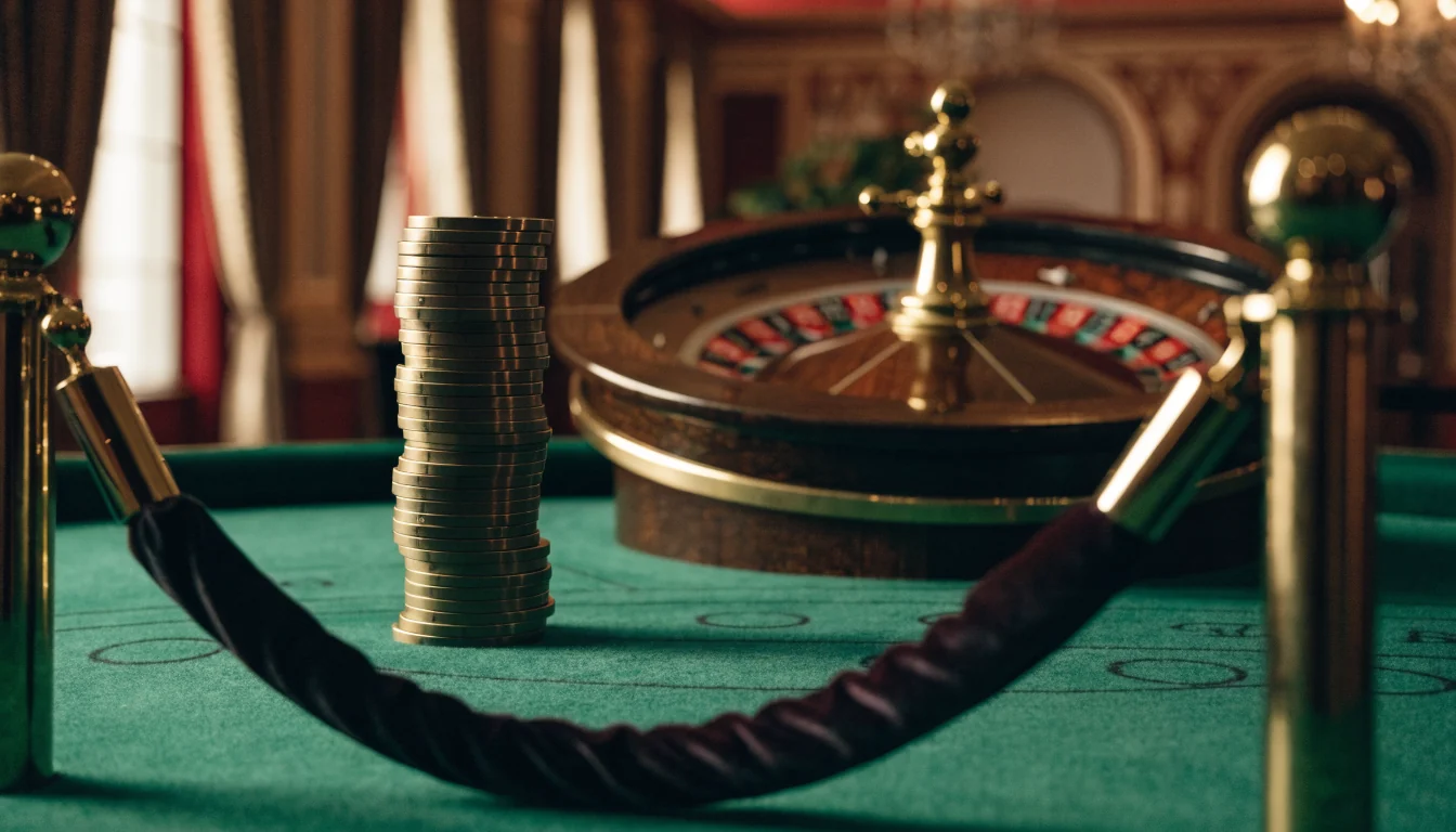 Luxuriöses Casino-Szenario mit goldenen Chips und Roulette-Rad auf grünem Filztisch