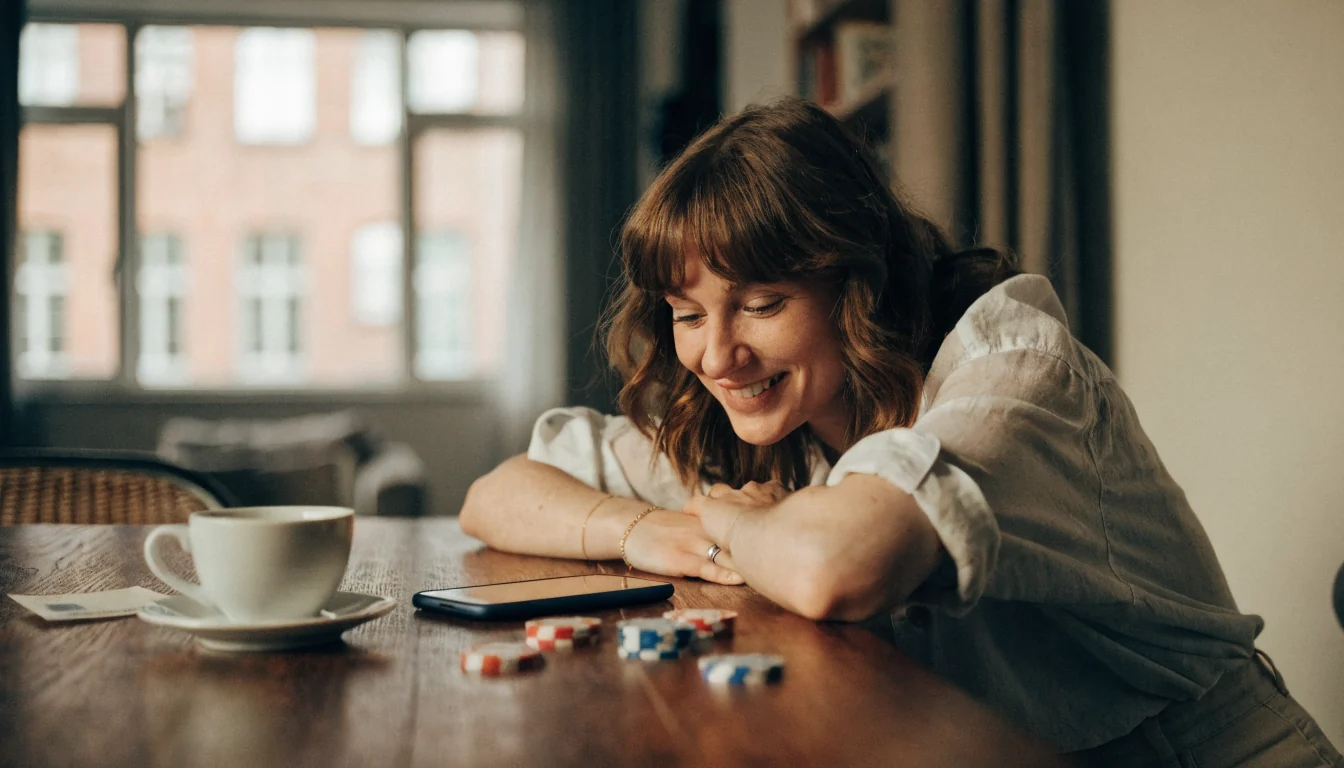Frau mit Smartphone und Casino-Chips am Schreibtisch