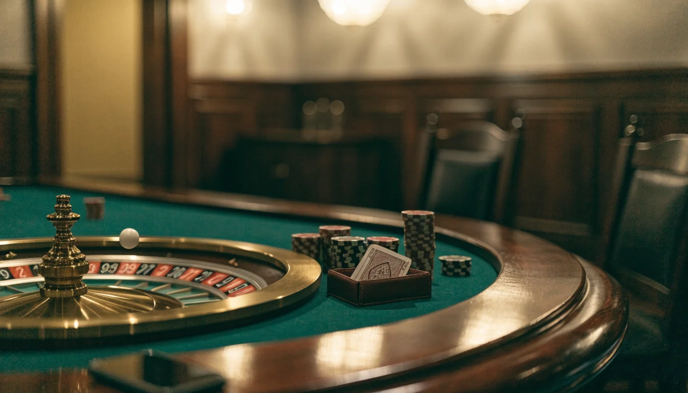 Stilisierter Casino-Tisch mit Roulette, Chips und verdecktem Smartphone in gedämpftem Licht
