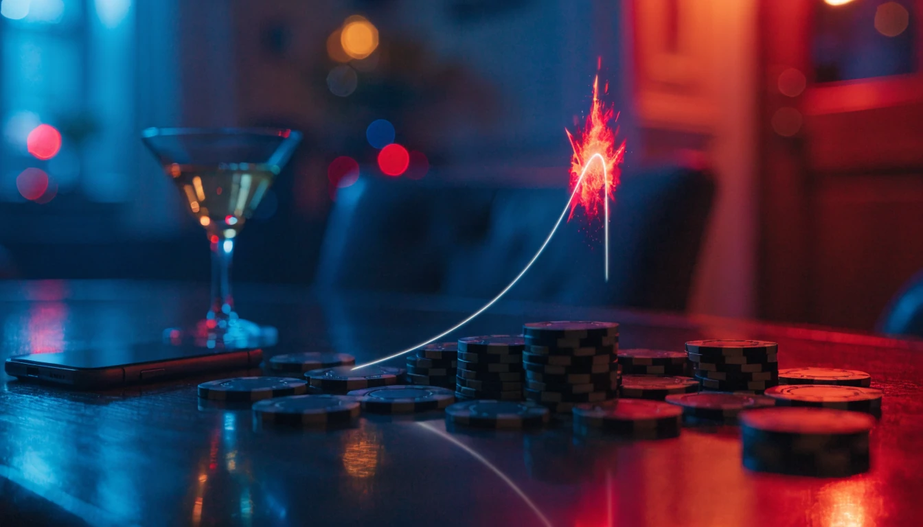 Leuchtende Multiplikatorkurve über Casino-Tisch mit Chips