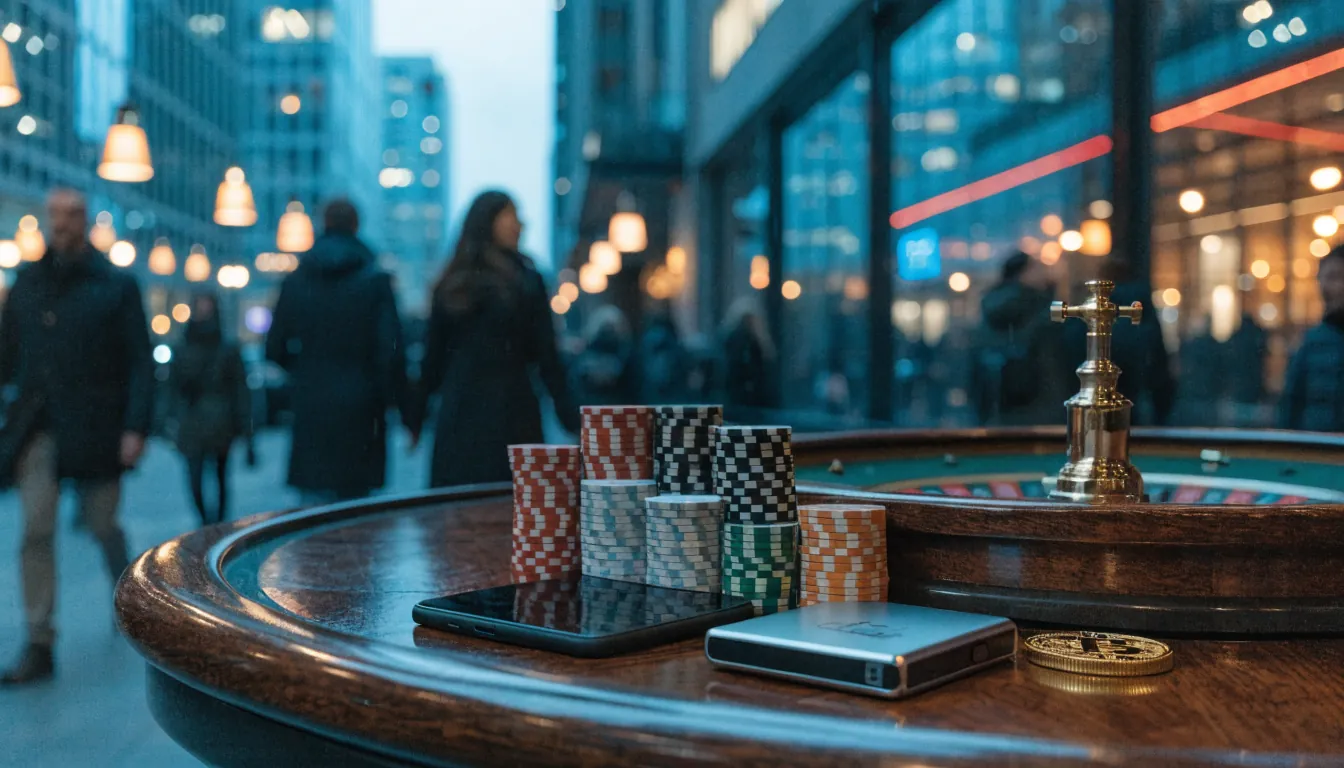 Casino-Tisch mit Chips und Roulette neben einer Krypto-Brieftasche in einer modernen Stadt