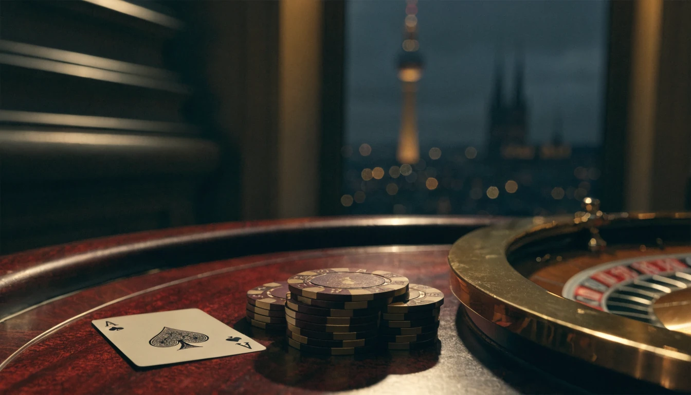 Stimmungsvolle Casinoszene mit Jetons, Spielkarte, Roulette und Berliner Skyline im Hintergrund