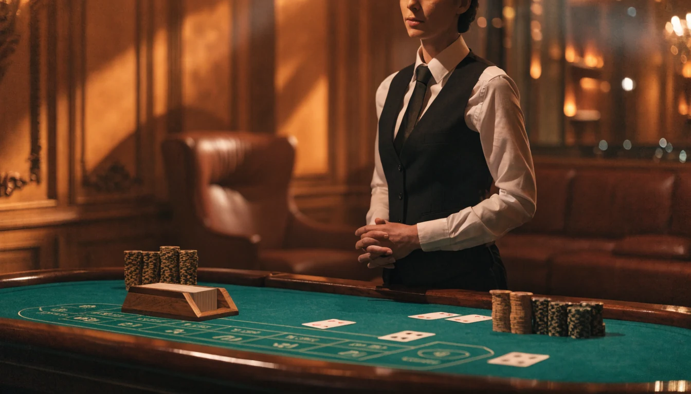 Eleganter Live-Baccarat-Tisch in deutschem Casino-Studio mit Dealer und gestapelten Spielchips