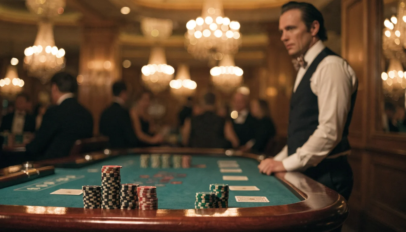 Elegante Blackjack-Tischszene mit Chips und Dealer in stimmungsvollem Casino-Licht