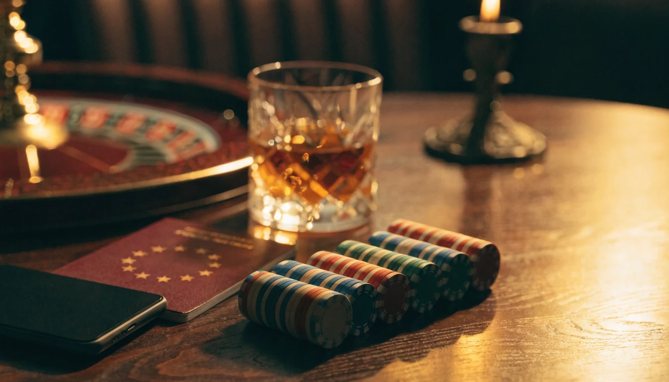 Casino-Chips, Reisepass und Smartphone auf einem Holztisch bei warmem Licht