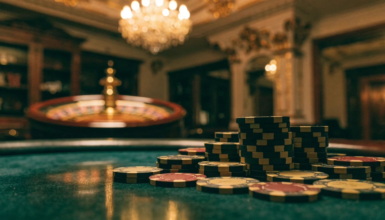 Elegante Casino-Szene mit Spielchips und Roulette in warmem Licht