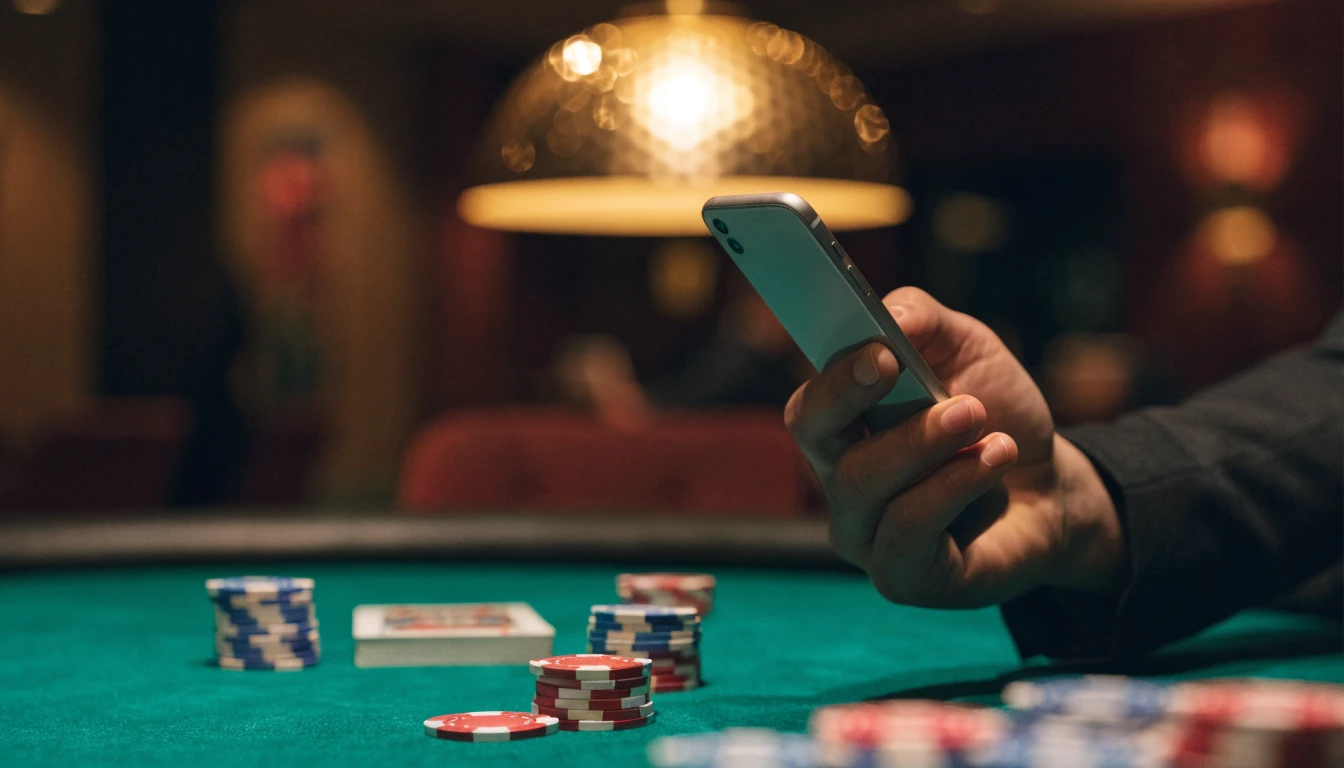 iPhone über einem Casino-Tisch mit Jetons und Spielkarten, Apple Pay Einzahlung