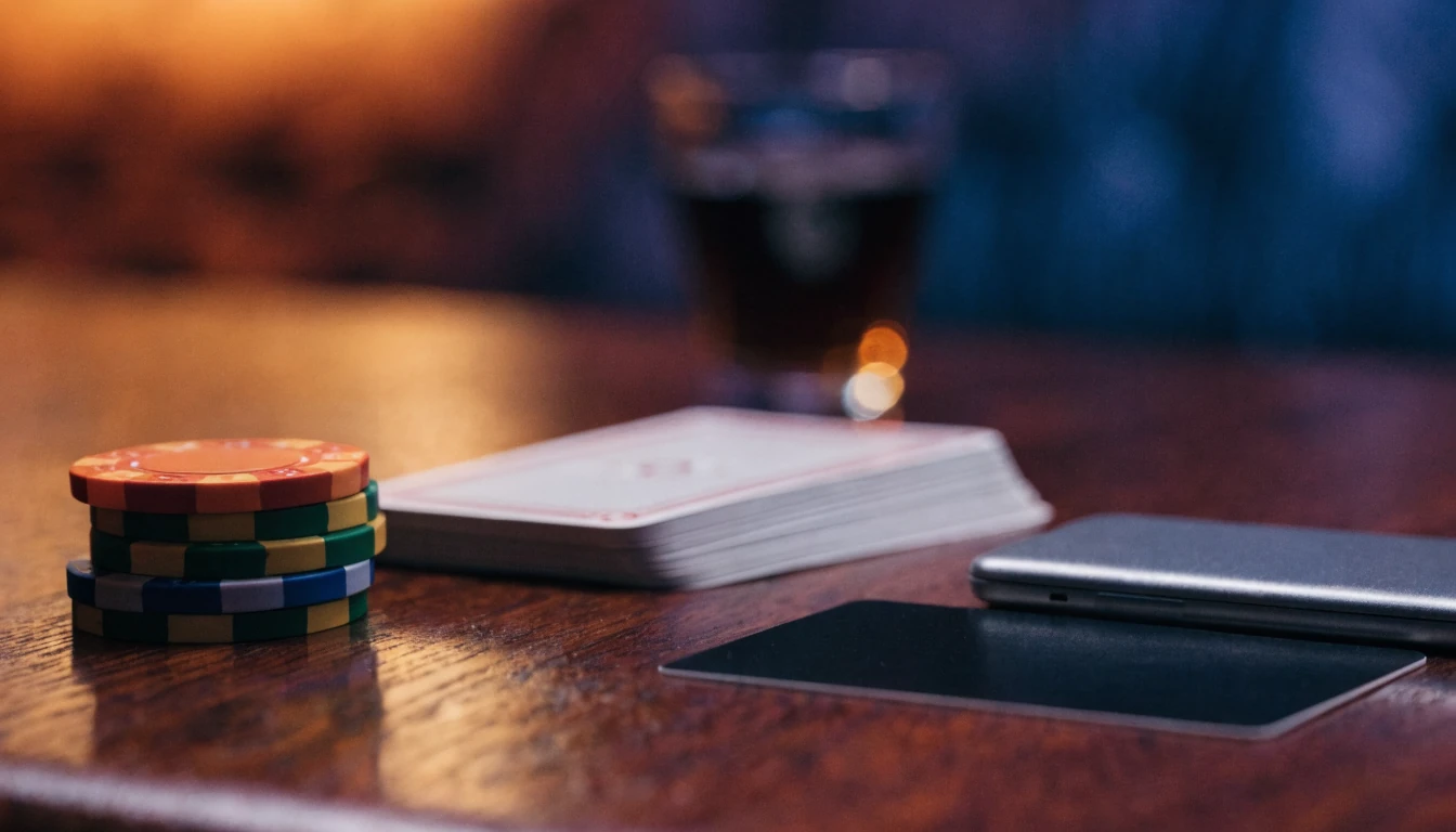 Stilvolle Tischszene mit Casino-Chips, Spielkarten und Smartphone für sichere Online-Zahlung