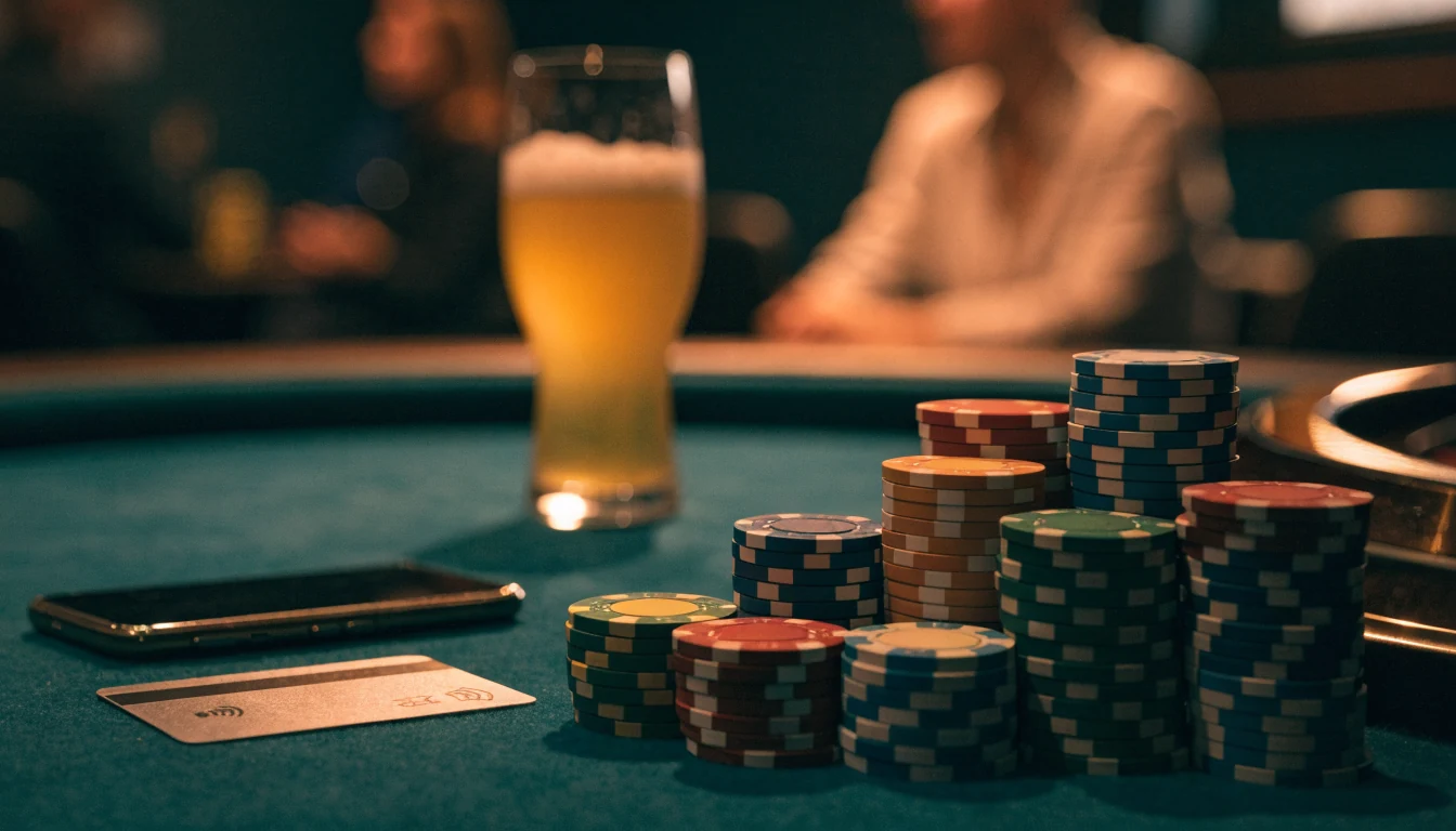 Casino-Chips und Smartphone auf grünem Spieltisch mit Bankkarte und Bierglas im Hintergrund
