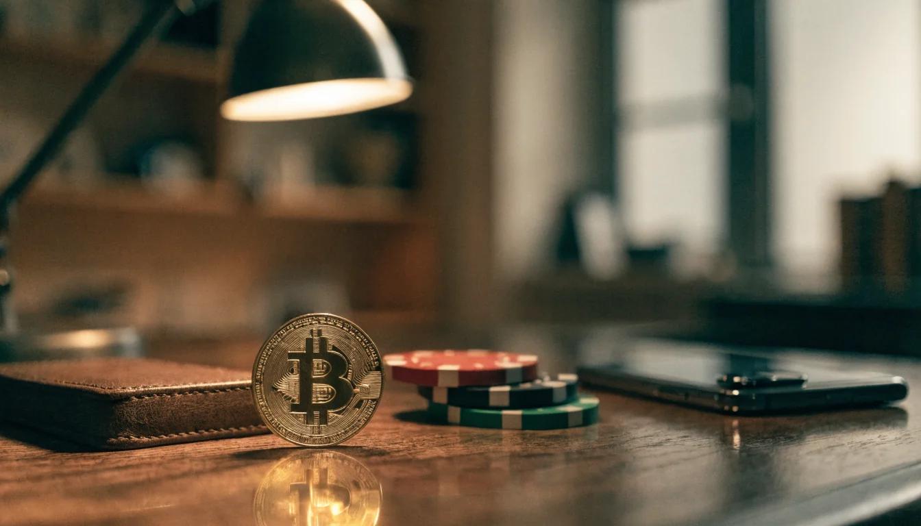 Goldene Bitcoin-Münze neben Casino-Chips auf einem Schreibtisch