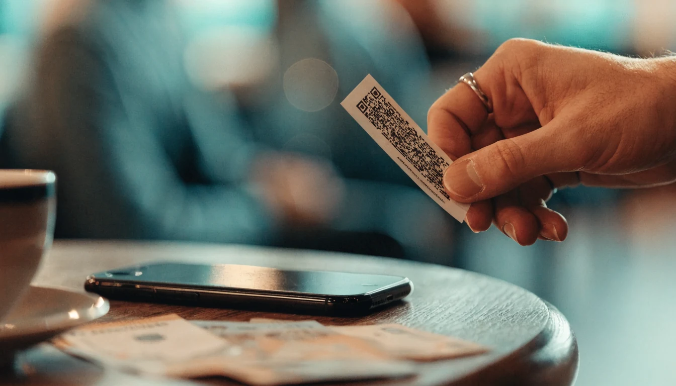 Hand mit CashtoCode-Gutschein neben Smartphone auf Tisch