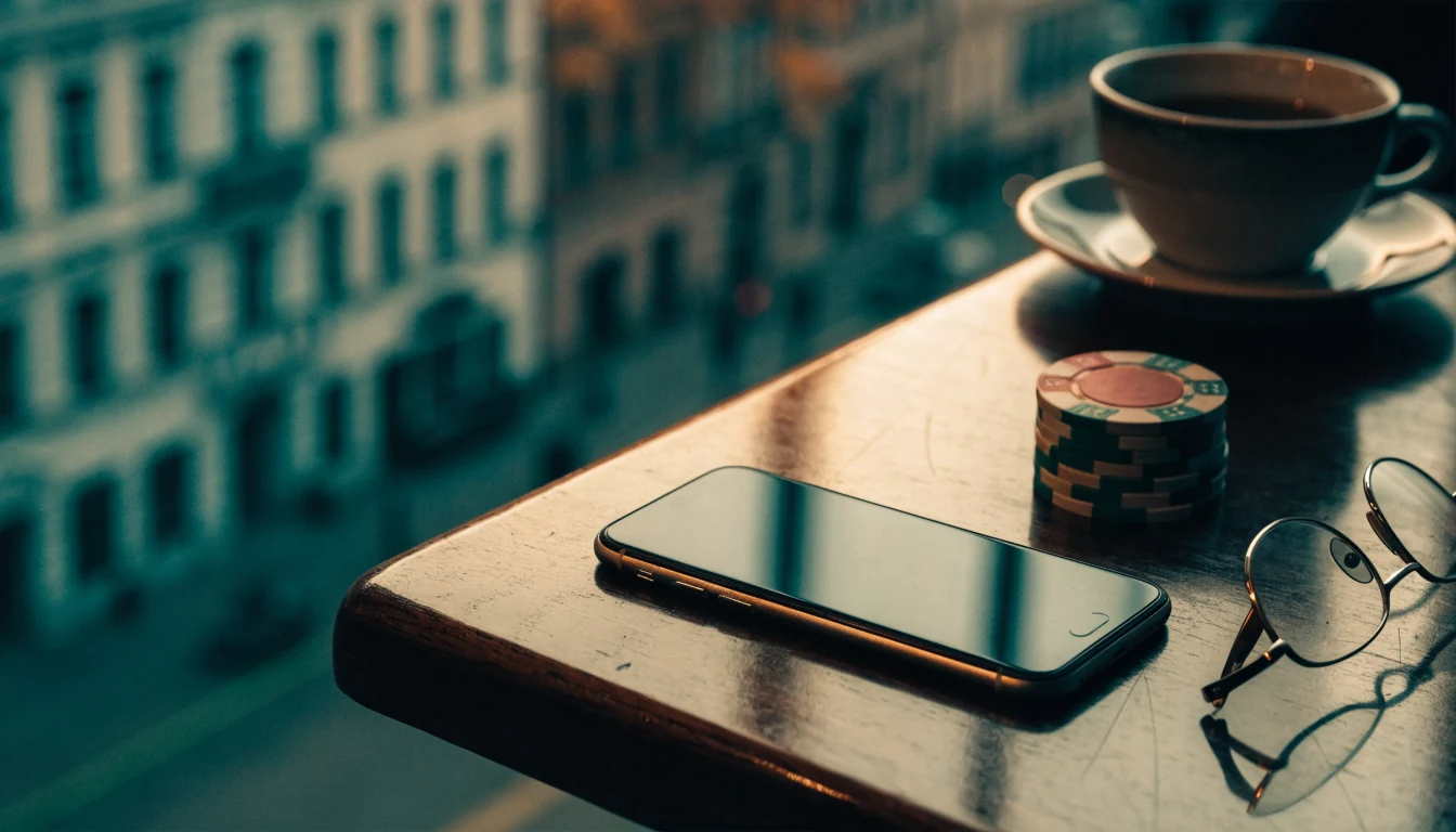 Smartphone mit Casino-Chips auf einem Tisch vor deutscher Stadtkulisse