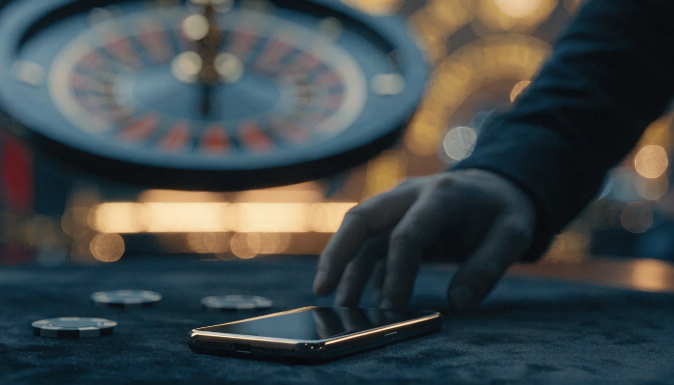 Smartphone mit Skrill-Wallet auf Spieltisch mit Roulette und Chips