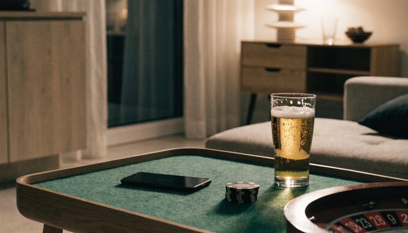 Smartphone mit Casino-Chips und Roulette auf einem Tisch im deutschen Wohnzimmer