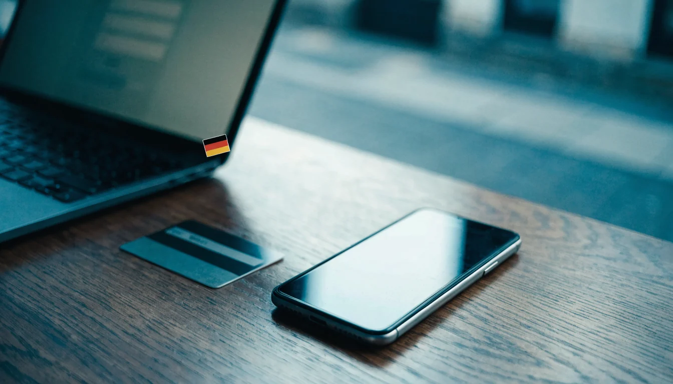 Smartphone und Laptop mit EC-Karte auf Tisch, deutsche Online-Bezahlung