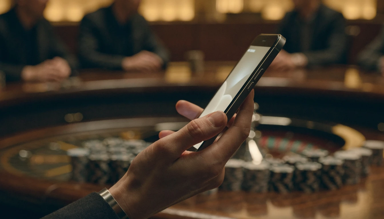 Smartphone mit Zahlung vor elegantem Casino-Tisch mit Chips und Roulette